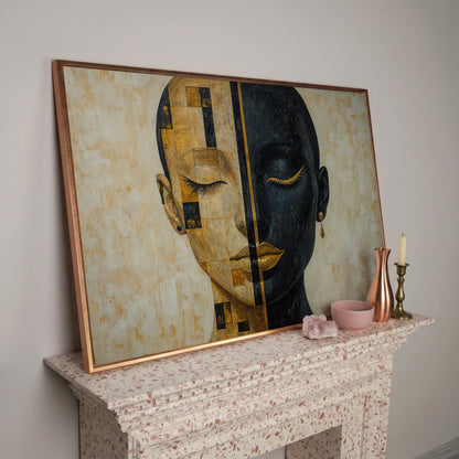 Split Portrait: Abstract Woman Canvas Wall Art in rose gold floating frame