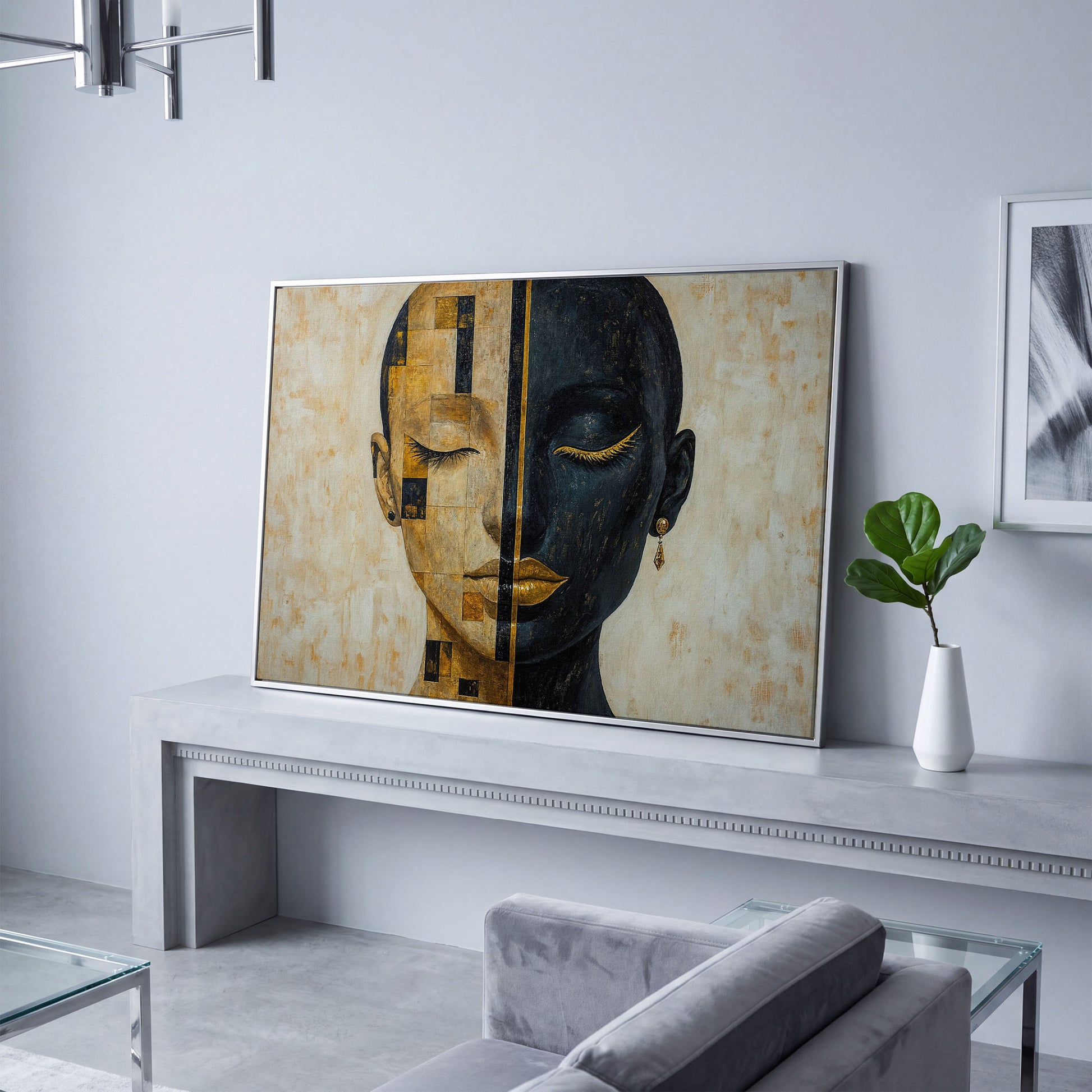 Split Portrait: Abstract Woman Canvas Wall Art in silver floating frame