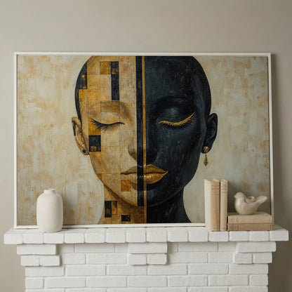 Split Portrait: Abstract Woman Canvas Wall Art in white floating frame