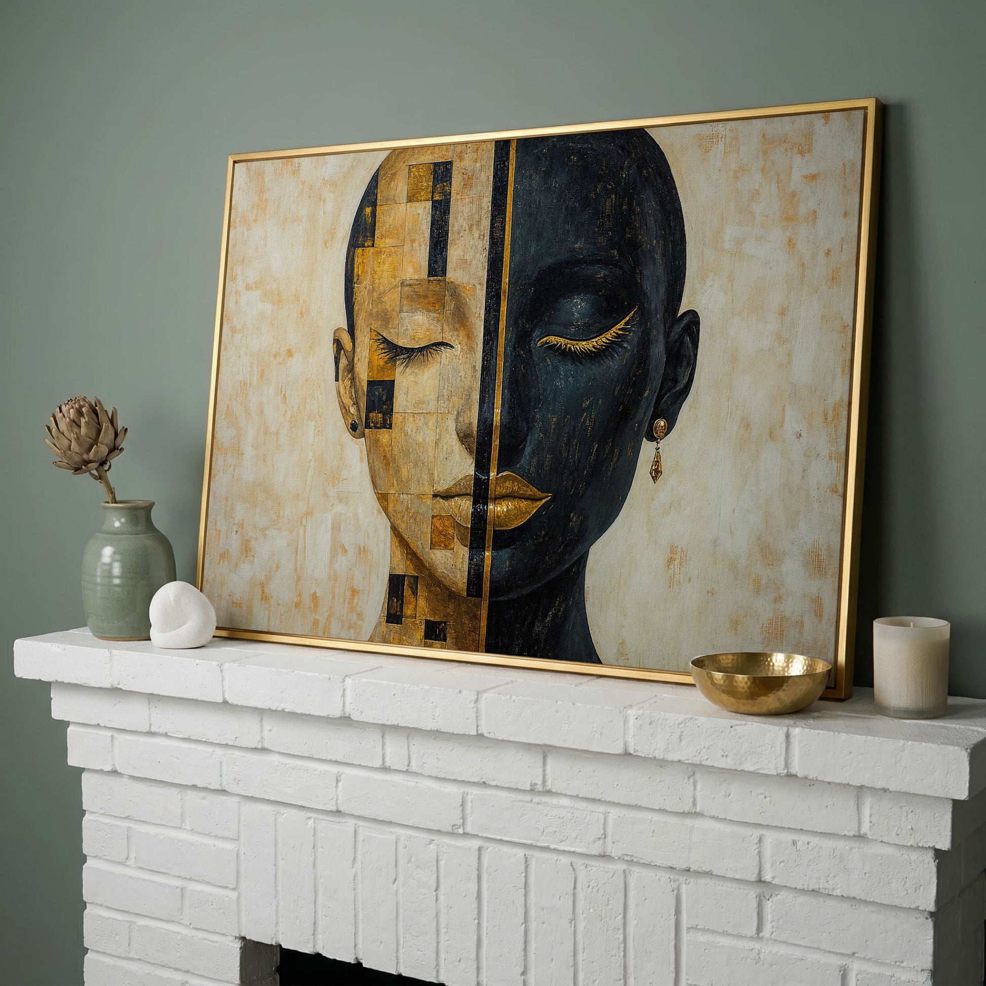 Split Portrait: Abstract Woman Canvas Wall Art in yellow gold floating frame