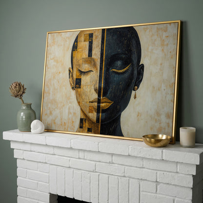 Split Portrait: Abstract Woman Canvas Wall Art in yellow gold floating frame