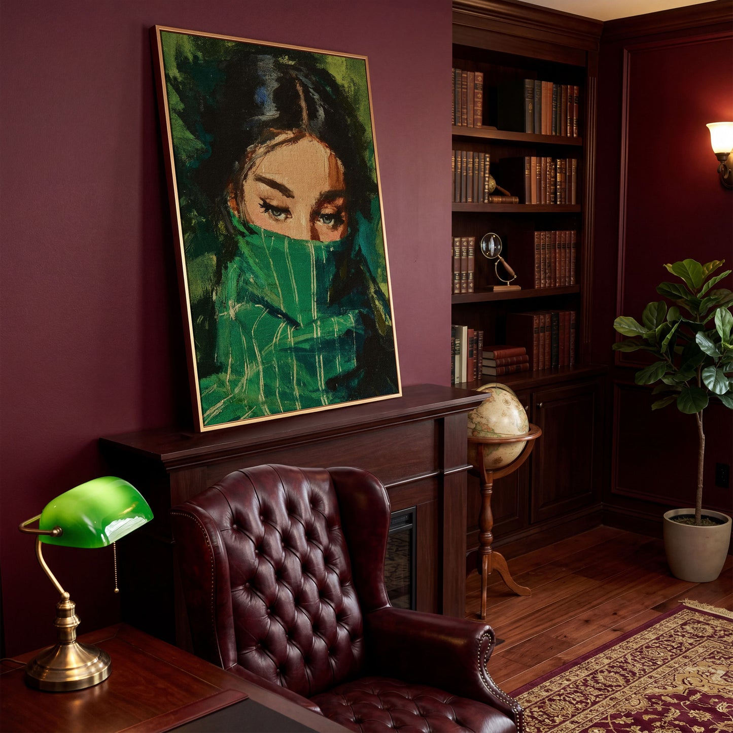Woman with Green Scarf, Figurative Eye Portrait Canvas Art in antique gold floating frame
