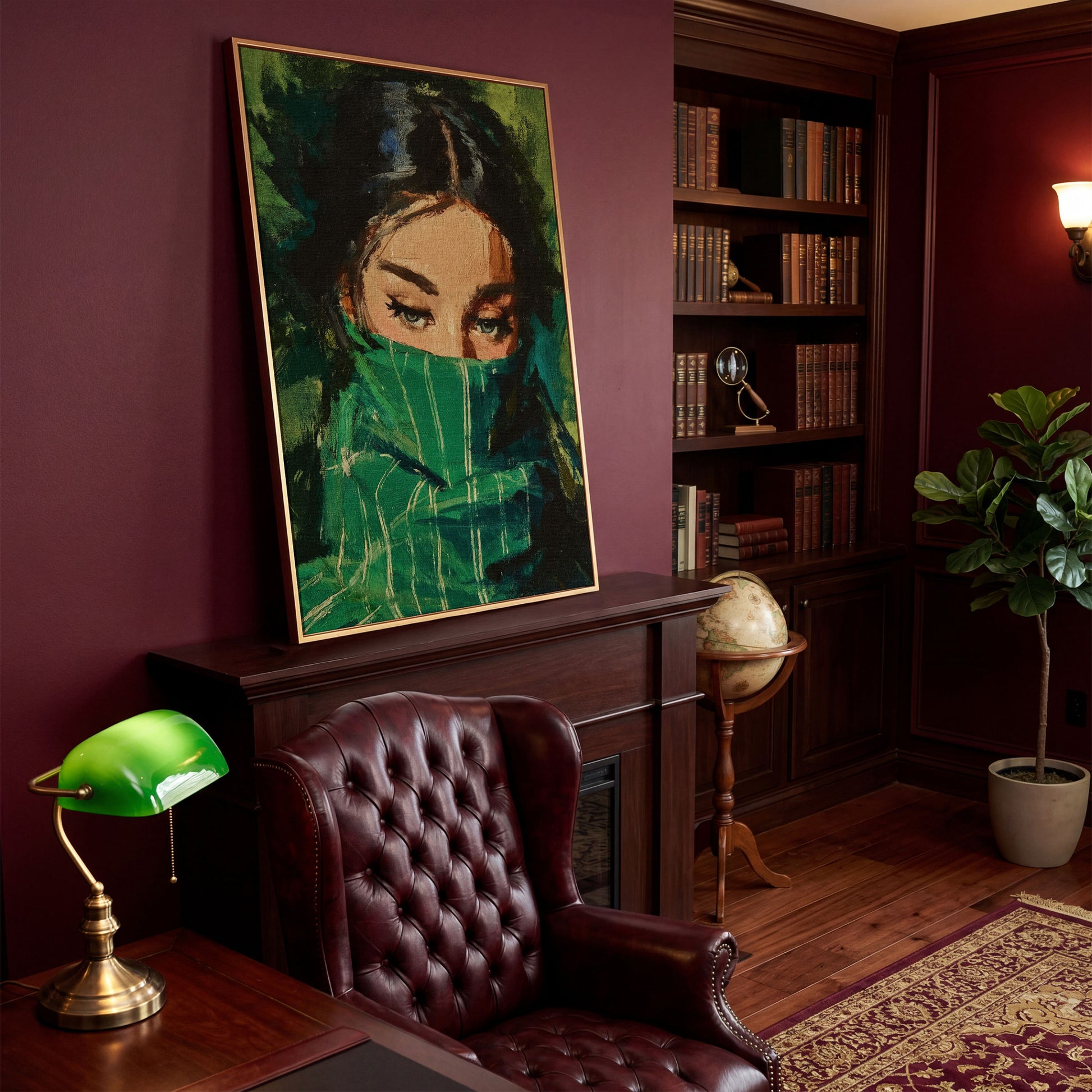 Woman with Green Scarf, Figurative Eye Portrait Canvas Art in antique gold floating frame