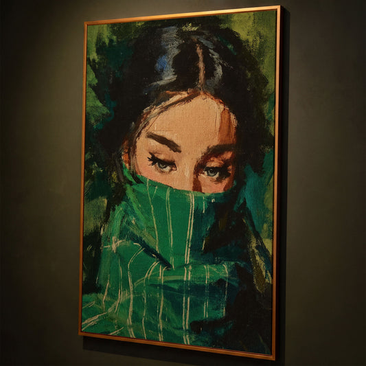 Woman with Green Scarf, Figurative Eye Portrait Canvas Art shown in antique gold floating frame