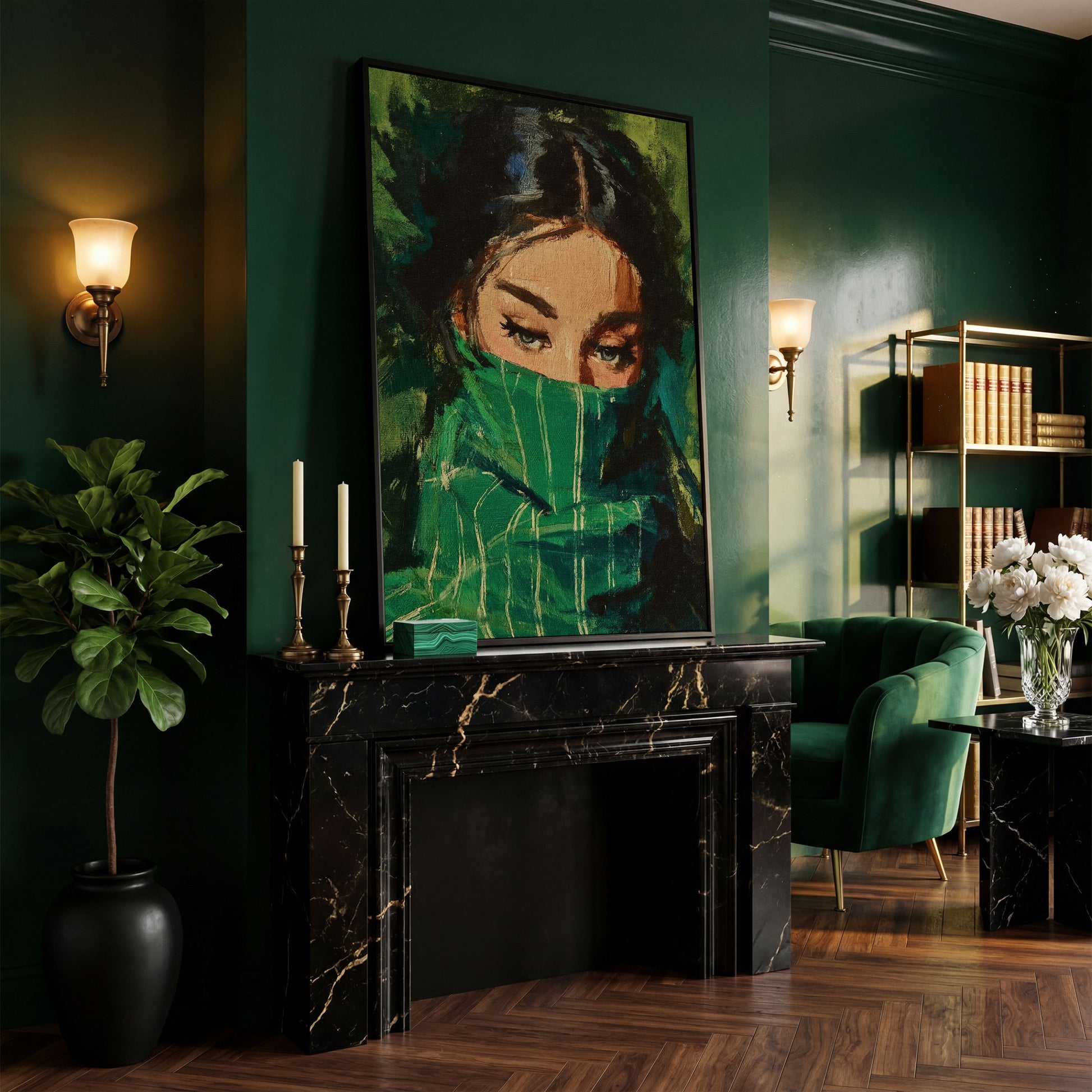 Woman with Green Scarf, Figurative Eye Portrait Canvas Art in black floating frame