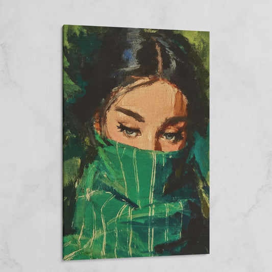 Woman with Green Scarf, Figurative Eye Portrait Canvas Art on gallery wrap