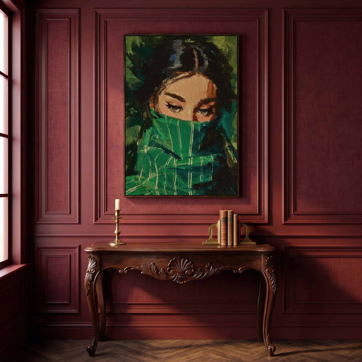 Woman with Green Scarf, Figurative Eye Portrait Canvas Art in dark walnut floating frame