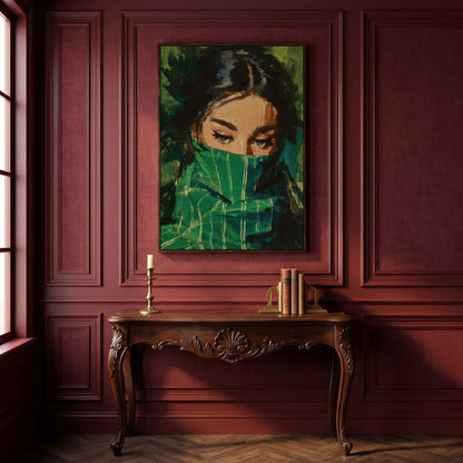 Woman with Green Scarf, Figurative Eye Portrait Canvas Art in dark walnut floating frame