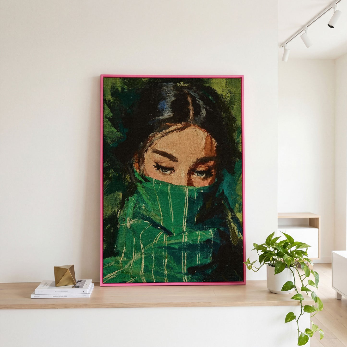 Woman with Green Scarf, Figurative Eye Portrait Canvas Art in pink floating frame