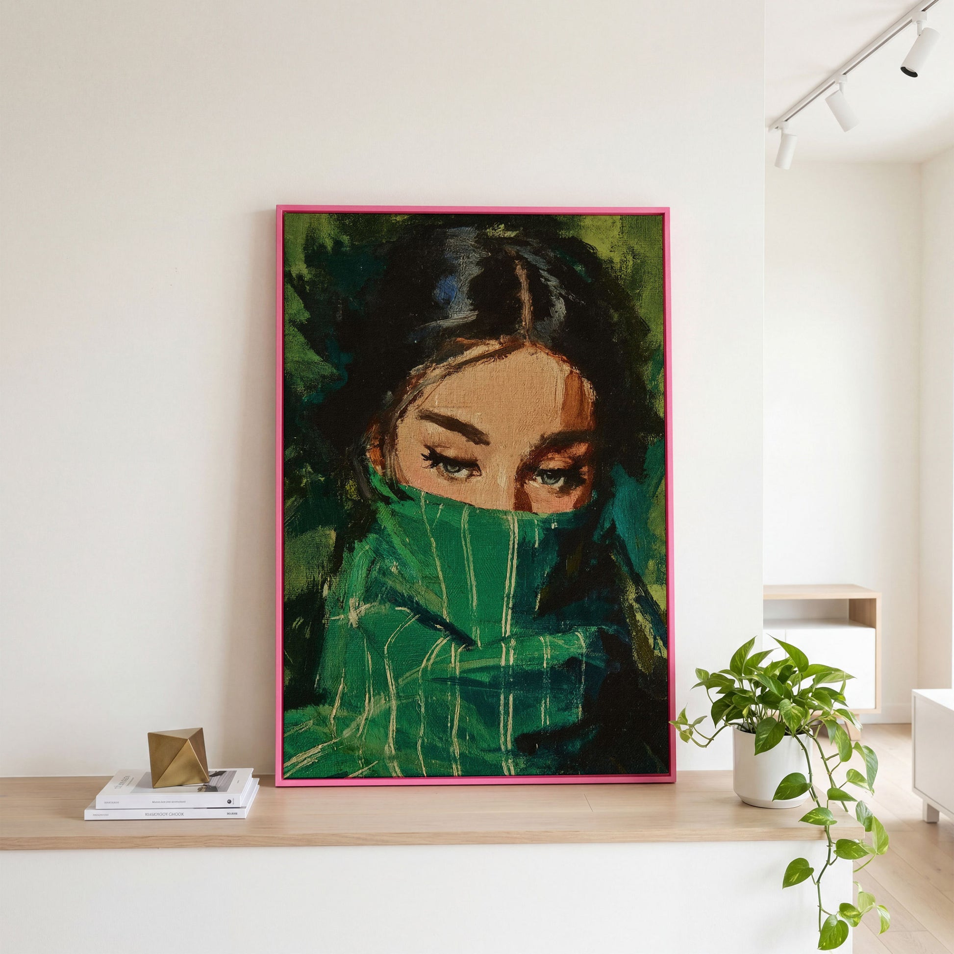 Woman with Green Scarf, Figurative Eye Portrait Canvas Art in pink floating frame