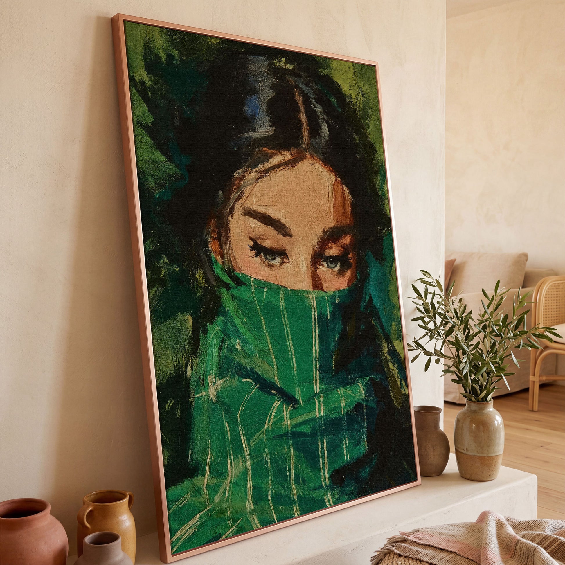 Woman with Green Scarf, Figurative Eye Portrait Canvas Art in rose gold floating frame