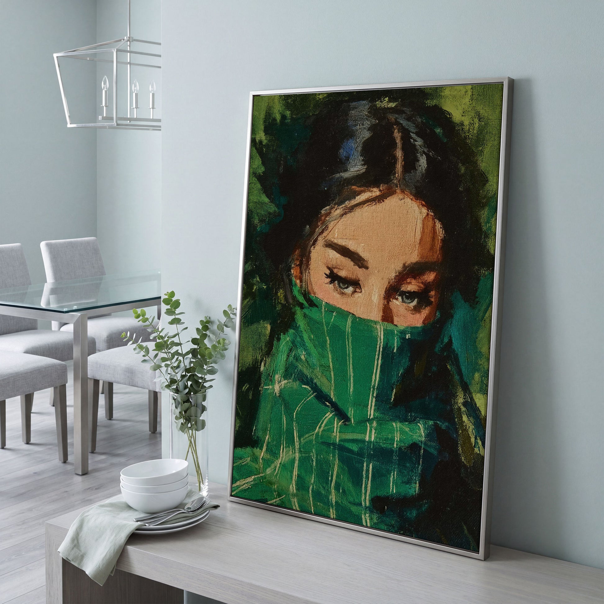 Woman with Green Scarf, Figurative Eye Portrait Canvas Art in silver floating frame