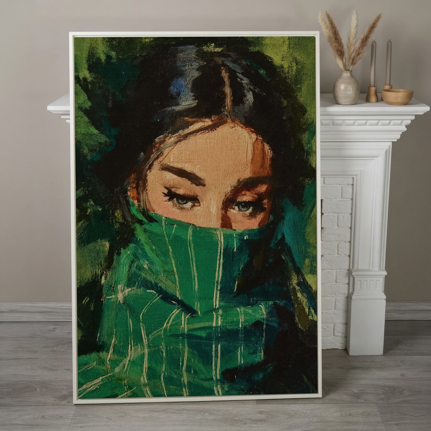 Woman with Green Scarf, Figurative Eye Portrait Canvas Art in white floating frame