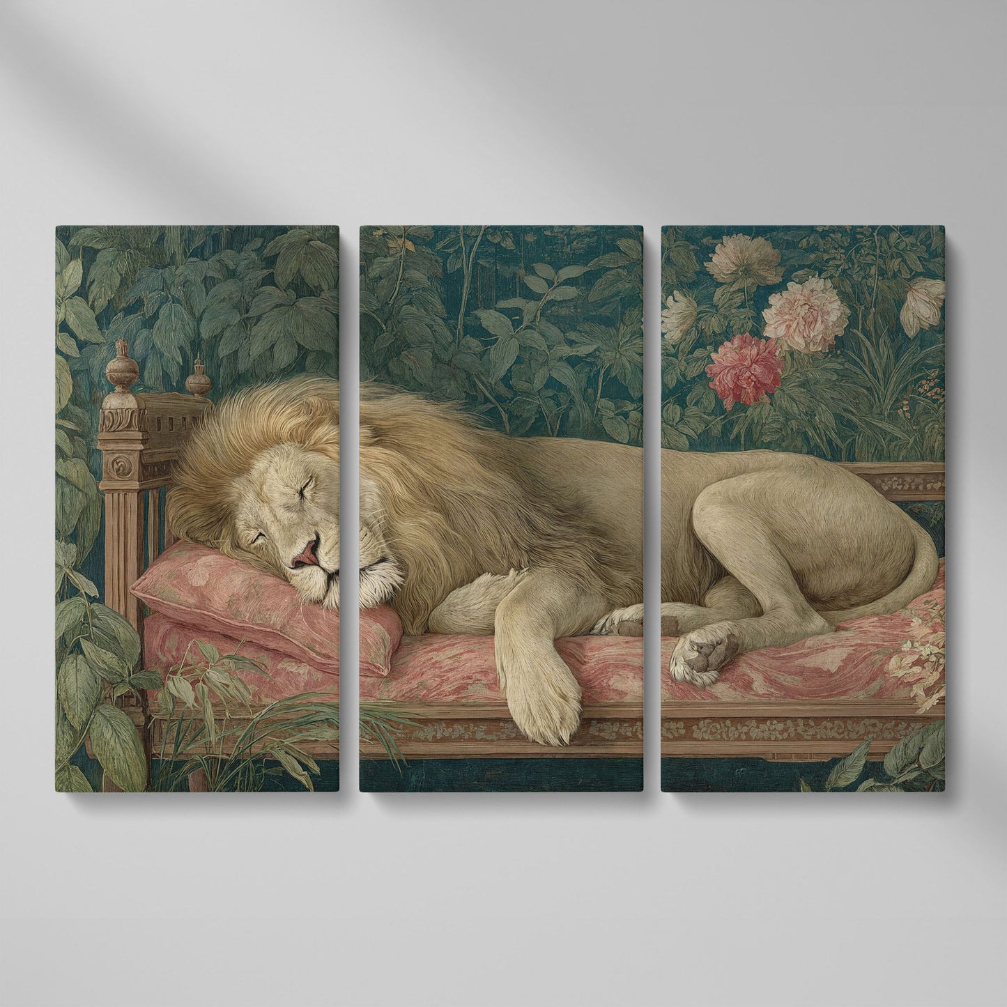 Sleeping Lion on Pink Couch Canvas Art, Surrealist Wildlife Print as 3-panel split version