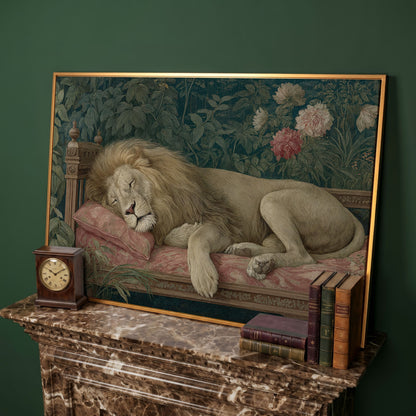 Sleeping Lion on Pink Couch Canvas Art, Surrealist Wildlife Print in antique gold floating frame