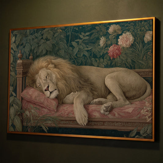 Sleeping Lion on Pink Couch Canvas Art, Surrealist Wildlife Print shown in antique gold floating frame