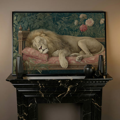 Sleeping Lion on Pink Couch Canvas Art, Surrealist Wildlife Print in black floating frame