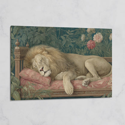Sleeping Lion on Pink Couch Canvas Art, Surrealist Wildlife Print on gallery wrap