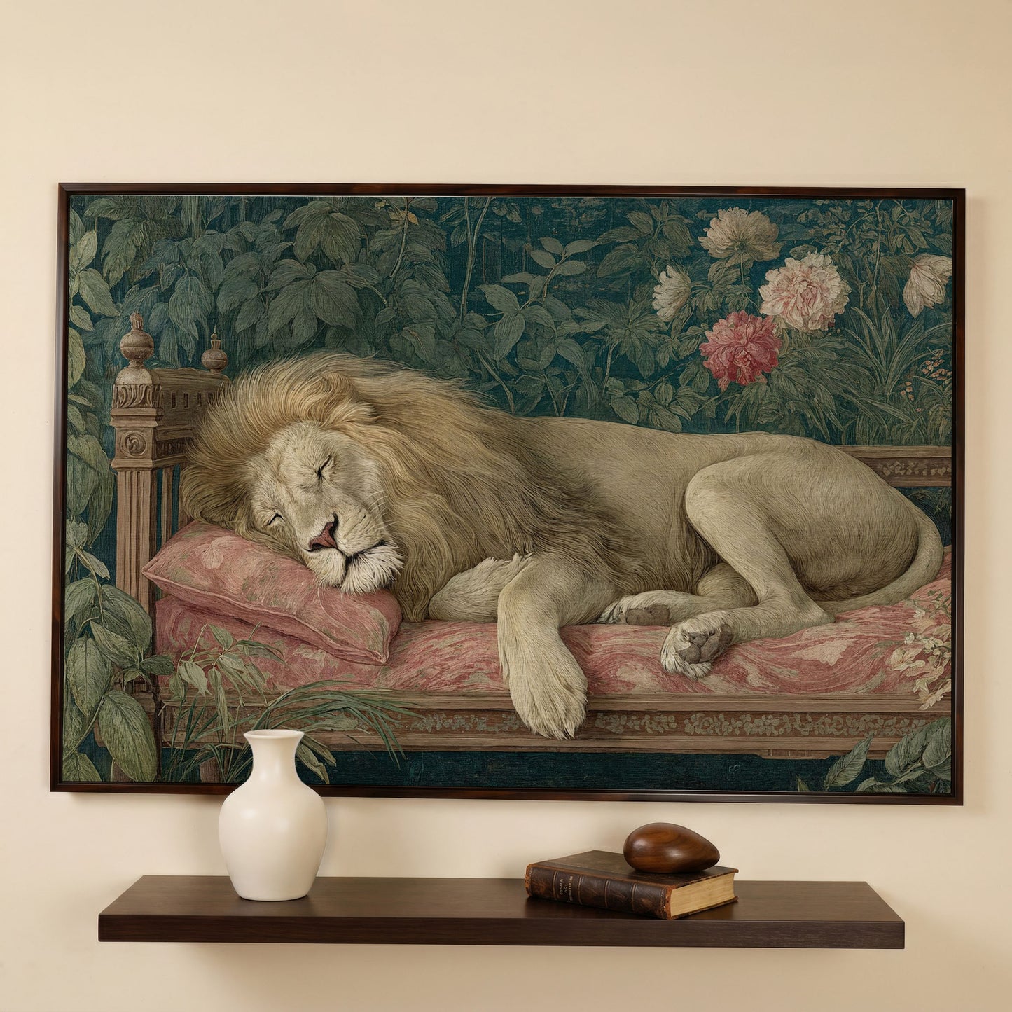Sleeping Lion on Pink Couch Canvas Art, Surrealist Wildlife Print in dark walnut floating frame