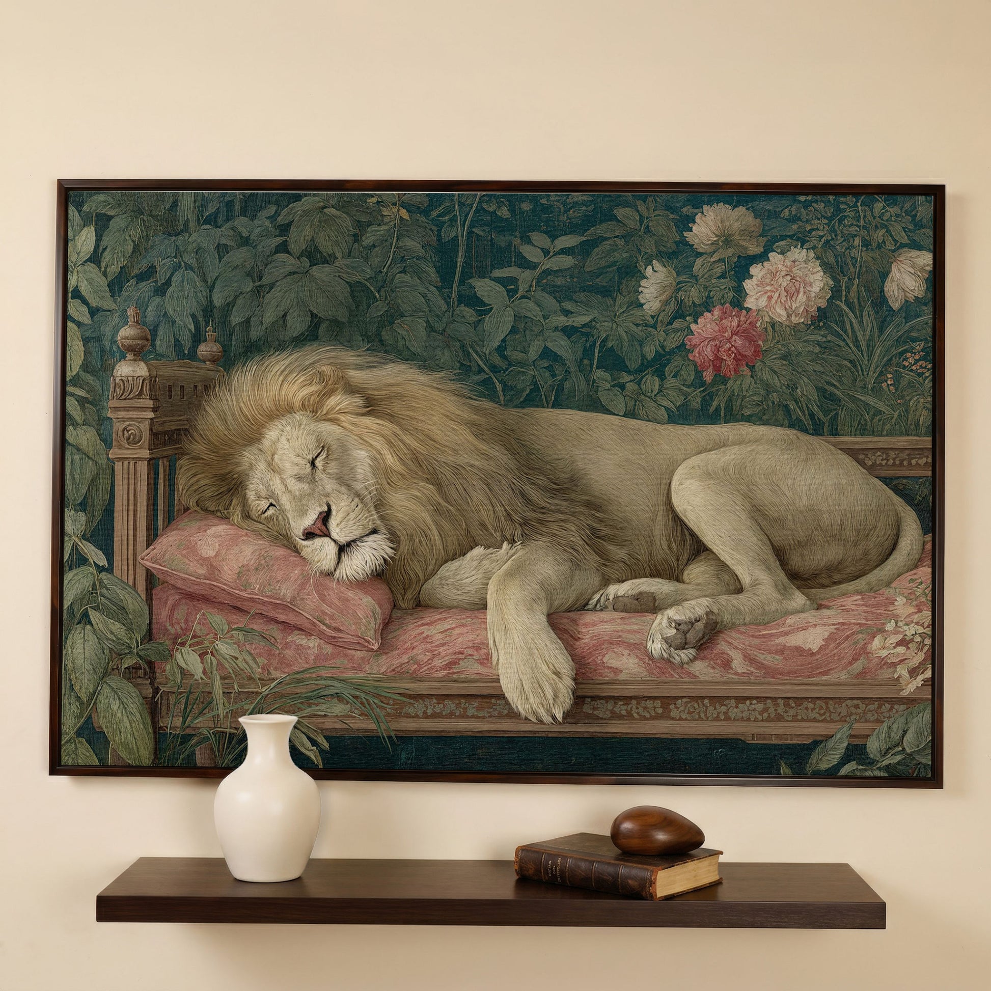 Sleeping Lion on Pink Couch Canvas Art, Surrealist Wildlife Print in dark walnut floating frame