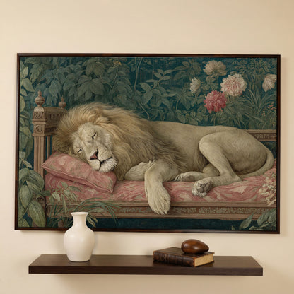 Sleeping Lion on Pink Couch Canvas Art, Surrealist Wildlife Print in dark walnut floating frame