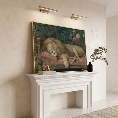 Sleeping Lion on Pink Couch Canvas Art, Surrealist Wildlife Print in white oak floating frame