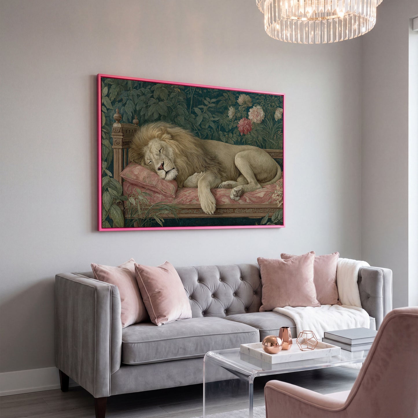 Sleeping Lion on Pink Couch Canvas Art, Surrealist Wildlife Print in pink floating frame