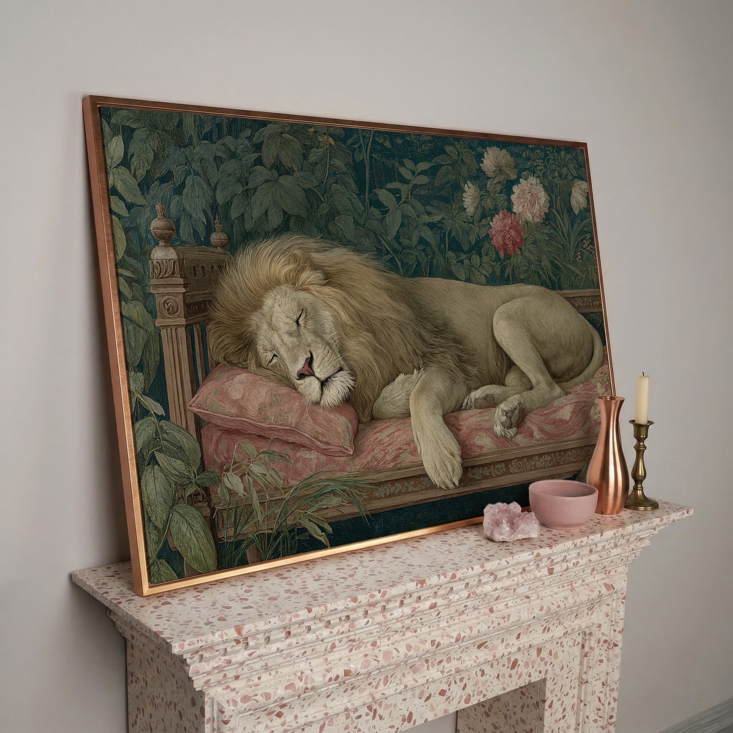 Sleeping Lion on Pink Couch Canvas Art, Surrealist Wildlife Print in rose gold floating frame