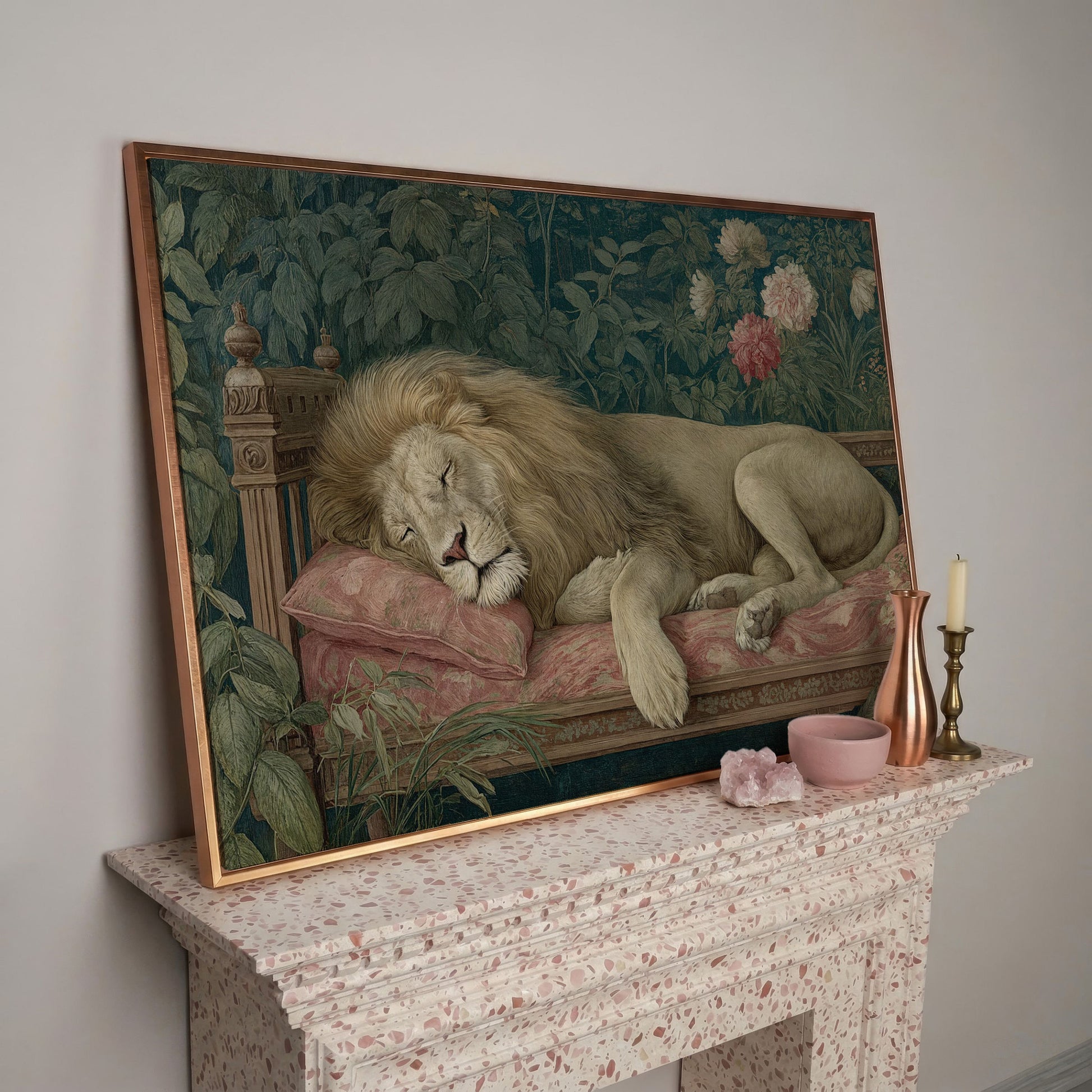 Sleeping Lion on Pink Couch Canvas Art, Surrealist Wildlife Print in rose gold floating frame