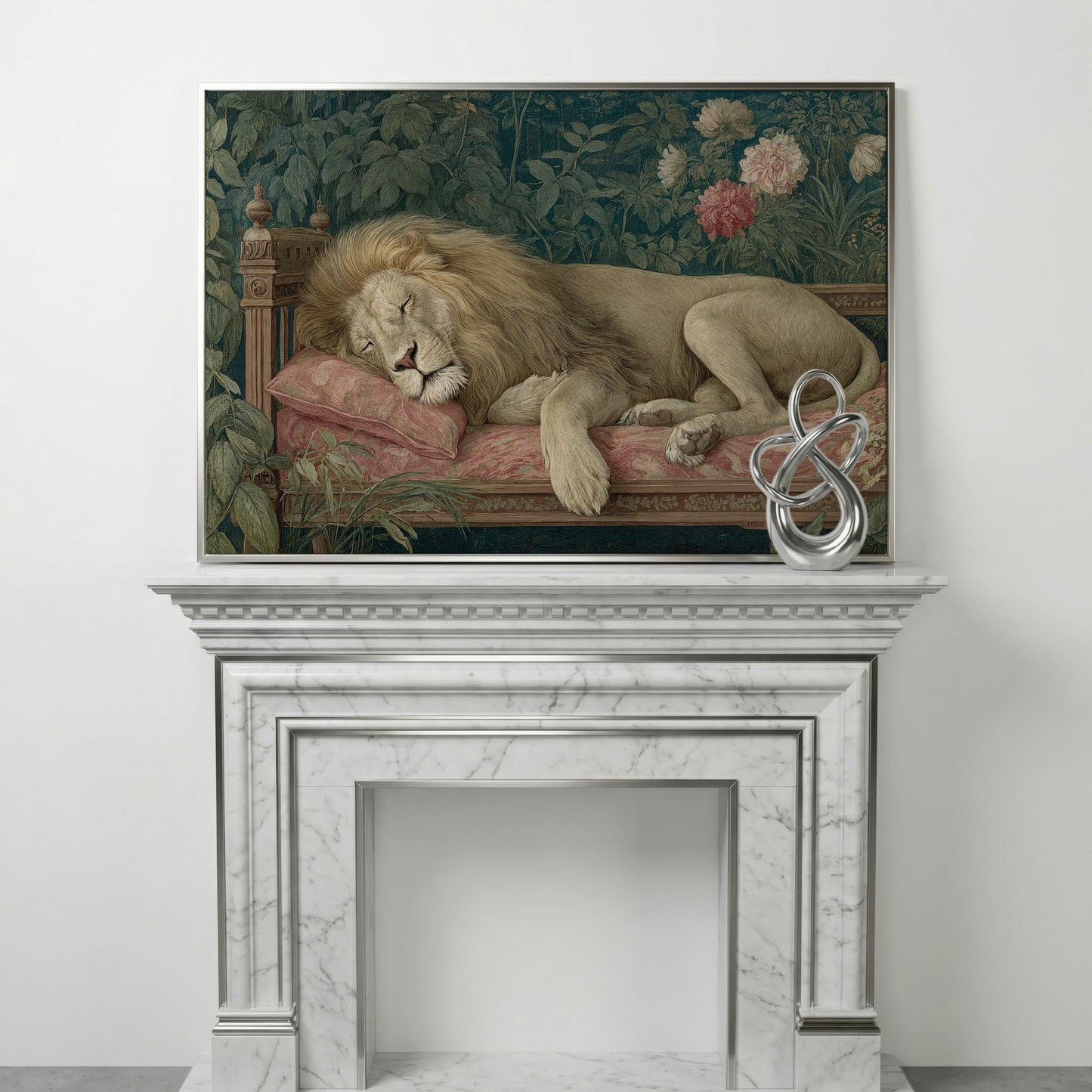 Sleeping Lion on Pink Couch Canvas Art, Surrealist Wildlife Print in silver floating frame