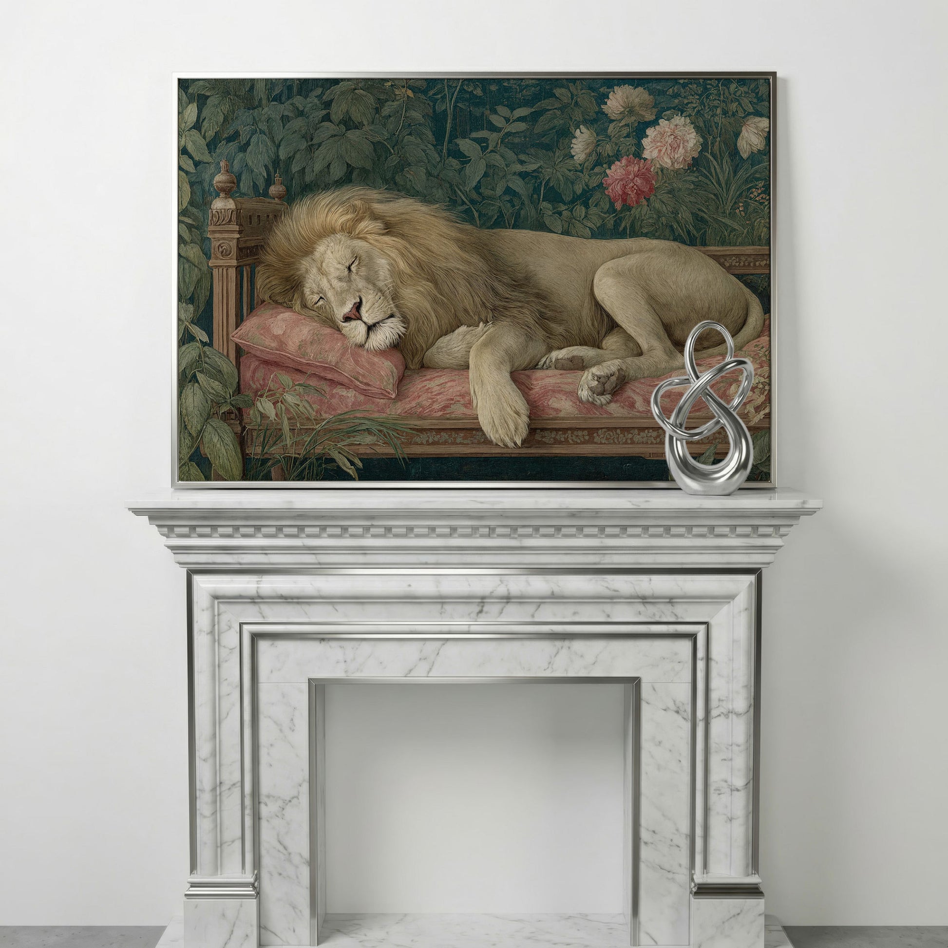 Sleeping Lion on Pink Couch Canvas Art, Surrealist Wildlife Print in silver floating frame