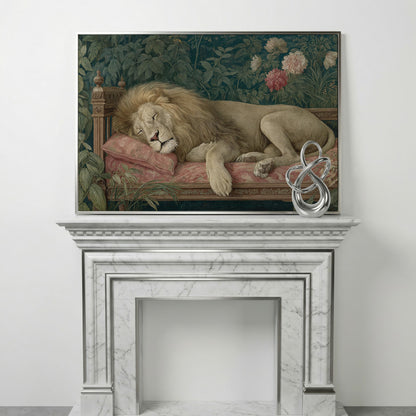 Sleeping Lion on Pink Couch Canvas Art, Surrealist Wildlife Print in silver floating frame