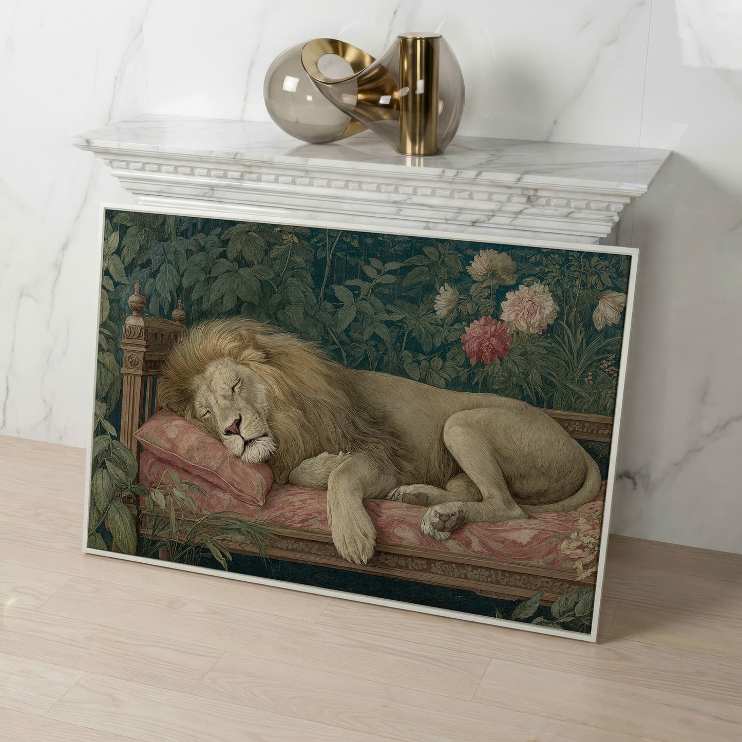 Sleeping Lion on Pink Couch Canvas Art, Surrealist Wildlife Print in white floating frame