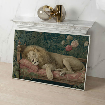 Sleeping Lion on Pink Couch Canvas Art, Surrealist Wildlife Print in white floating frame