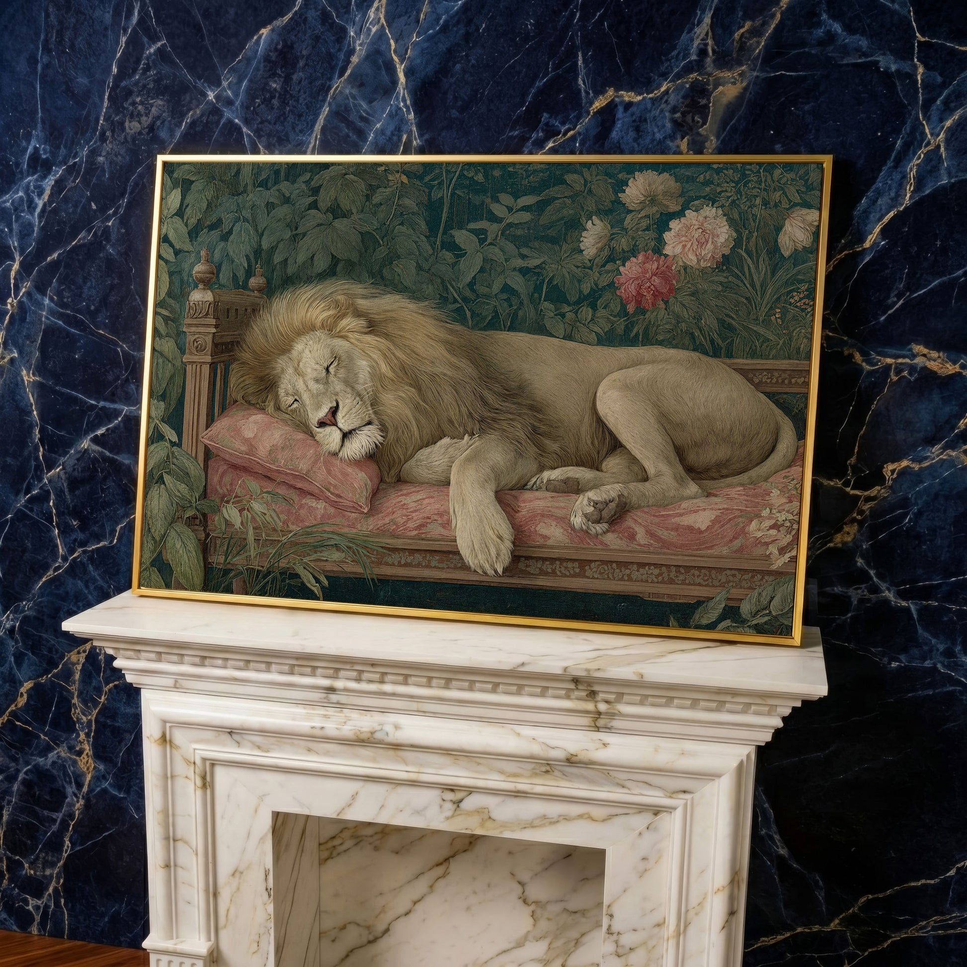 Sleeping Lion on Pink Couch Canvas Art, Surrealist Wildlife Print in yellow gold floating frame