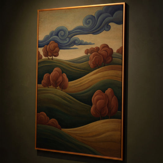 Rolling Hills and Swirling Clouds Canvas Art, Art Nouveau Landscape shown in antique gold floating frame