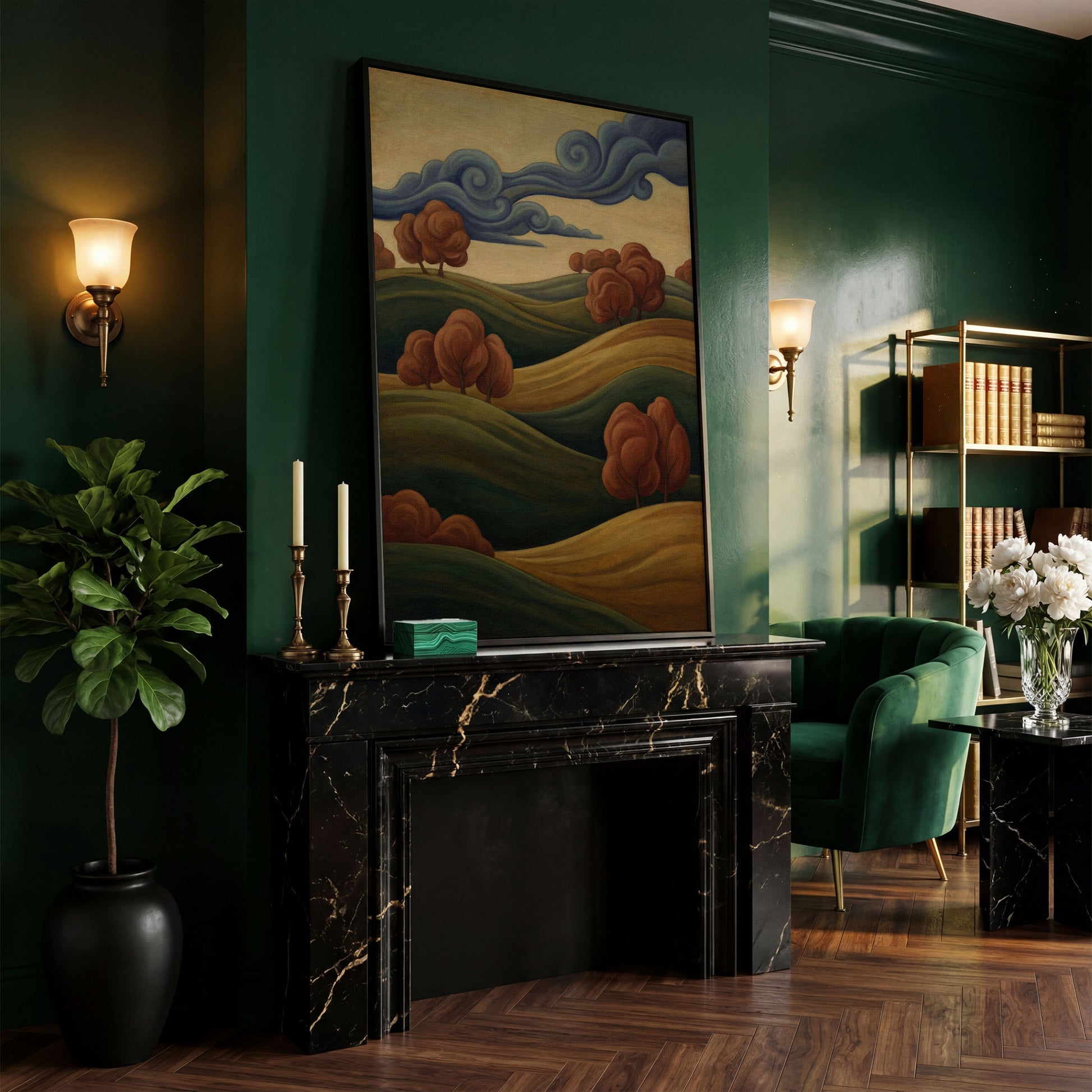 Rolling Hills and Swirling Clouds Canvas Art, Art Nouveau Landscape in black floating frame
