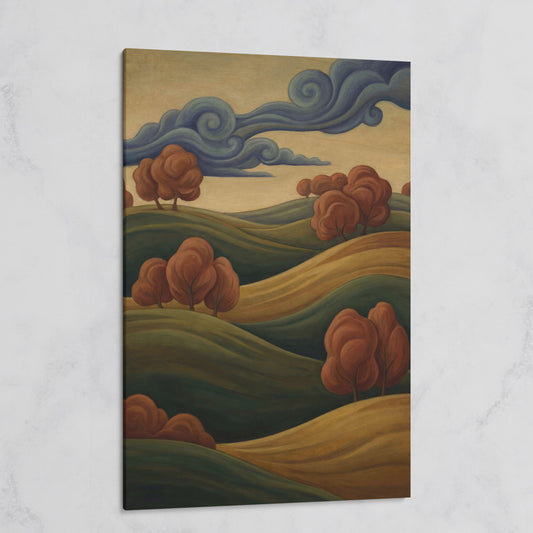 Rolling Hills and Swirling Clouds Canvas Art, Art Nouveau Landscape on gallery wrap