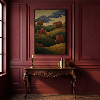 Rolling Hills and Swirling Clouds Canvas Art, Art Nouveau Landscape in dark walnut floating frame