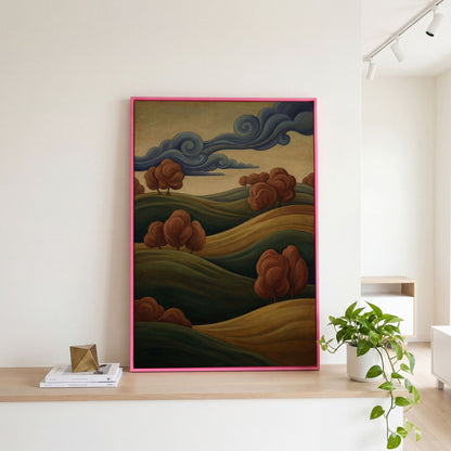 Rolling Hills and Swirling Clouds Canvas Art, Art Nouveau Landscape in pink floating frame