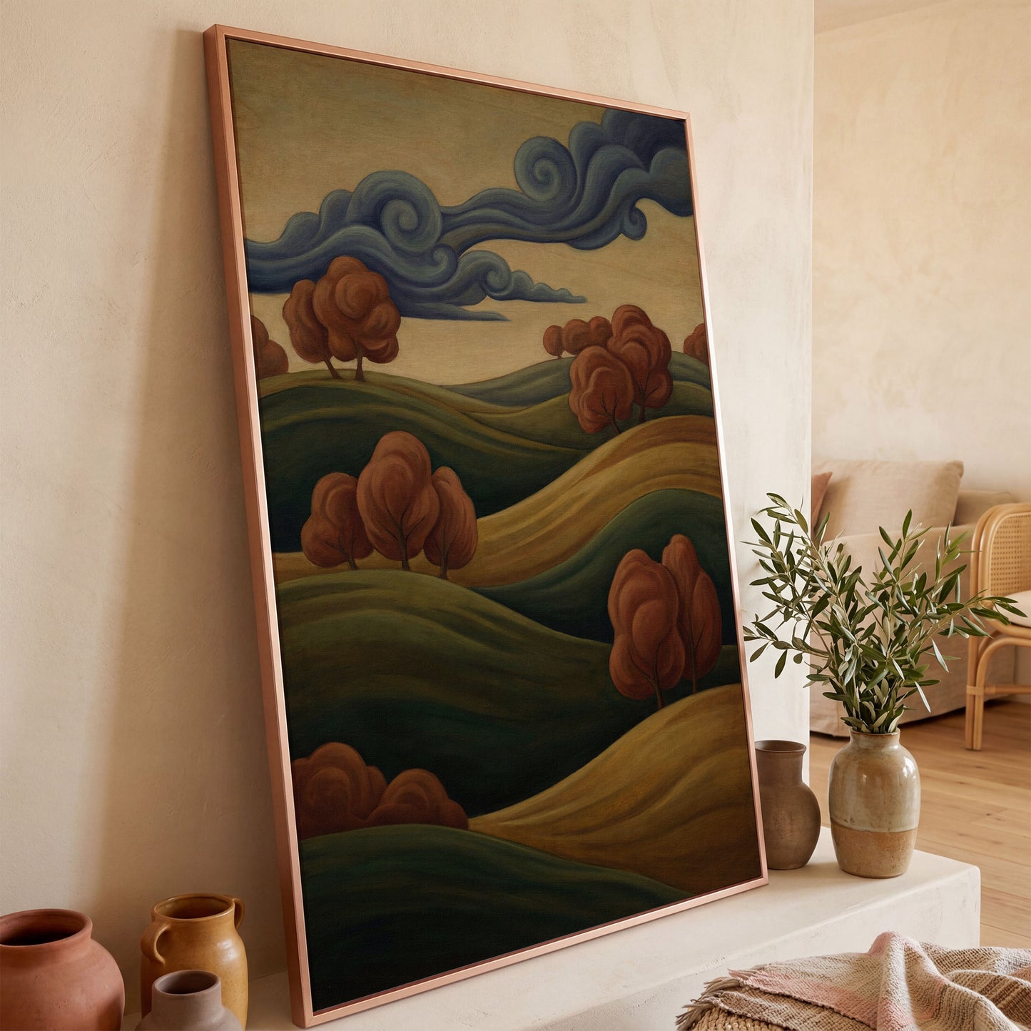 Rolling Hills and Swirling Clouds Canvas Art, Art Nouveau Landscape in rose gold floating frame