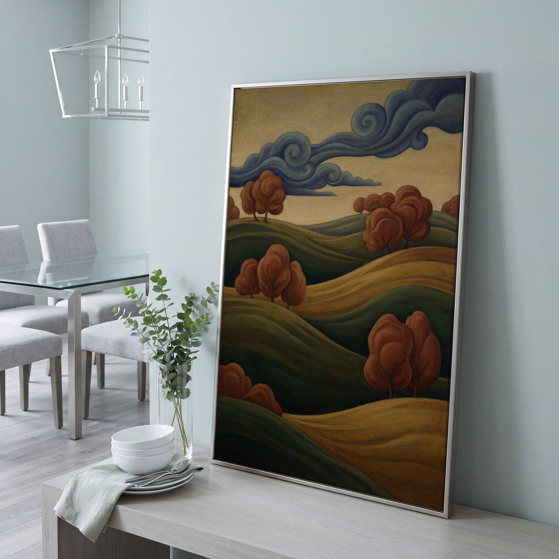 Rolling Hills and Swirling Clouds Canvas Art, Art Nouveau Landscape in silver floating frame
