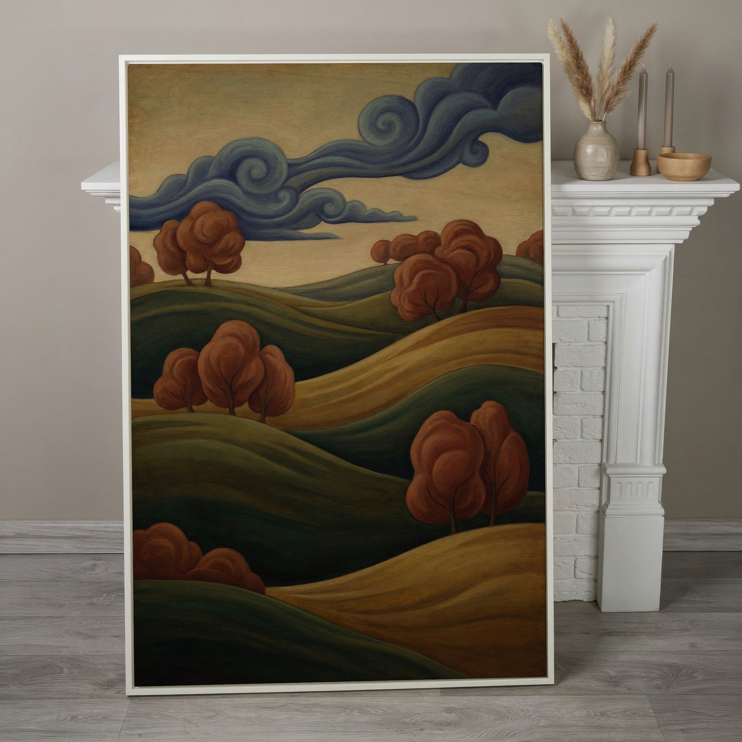 Rolling Hills and Swirling Clouds Canvas Art, Art Nouveau Landscape in white floating frame