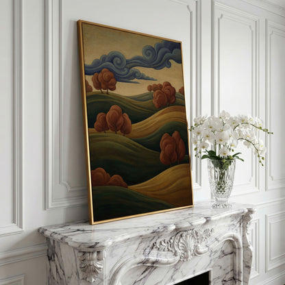 Rolling Hills and Swirling Clouds Canvas Art, Art Nouveau Landscape in yellow gold floating frame