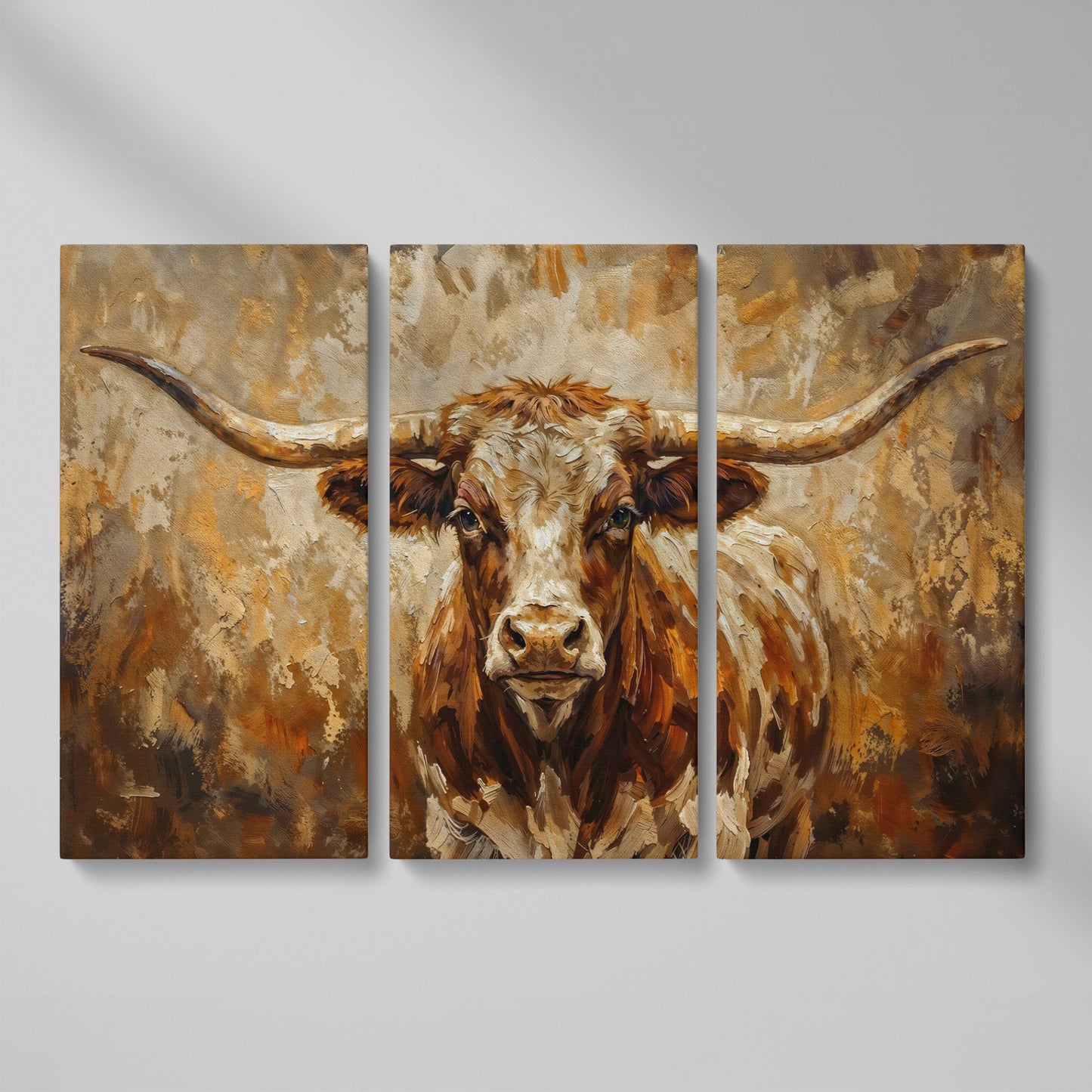 Texas Longhorn Bull Portrait Canvas Wall Art as 3-panel split version