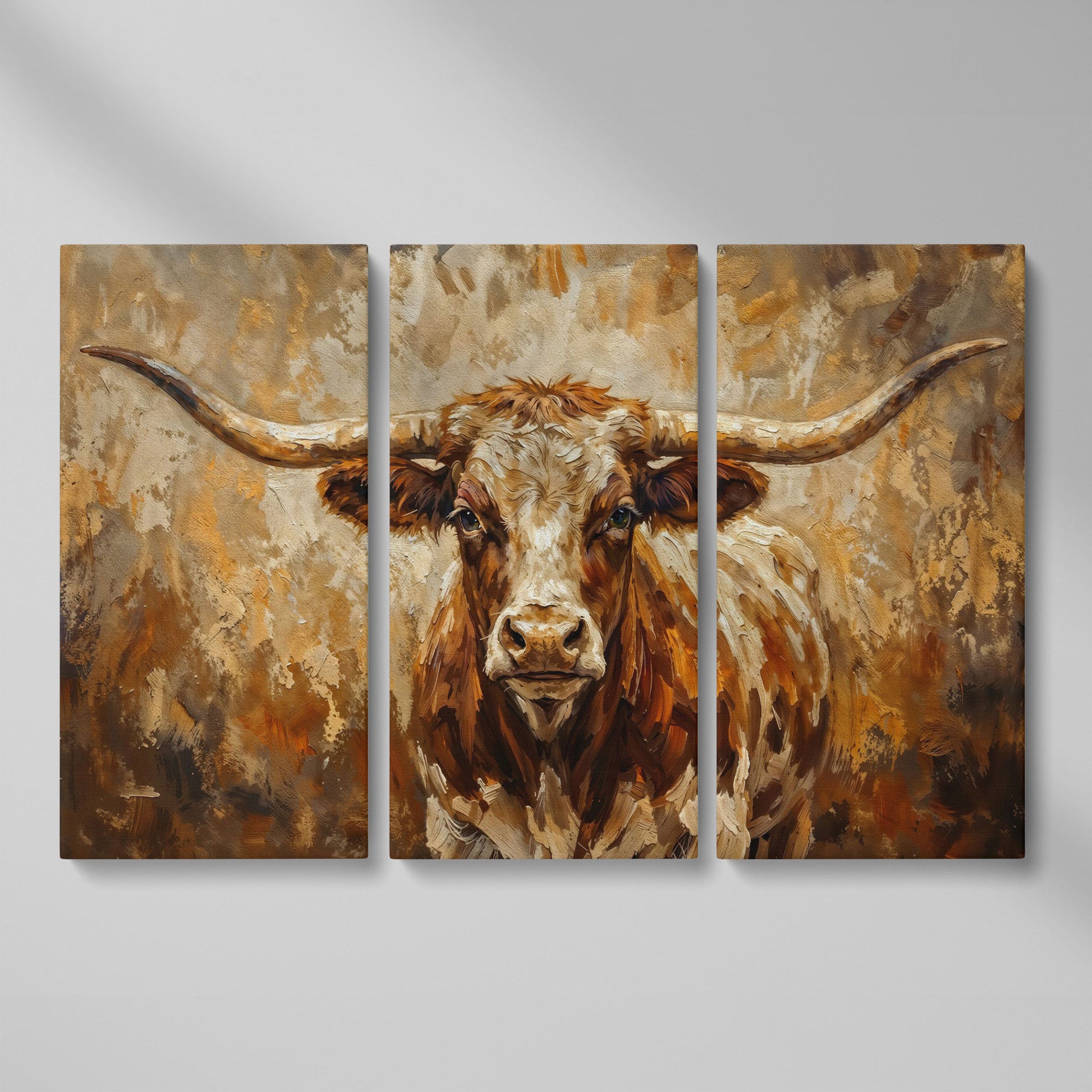 Texas Longhorn Bull Portrait Canvas Wall Art as 3-panel split version