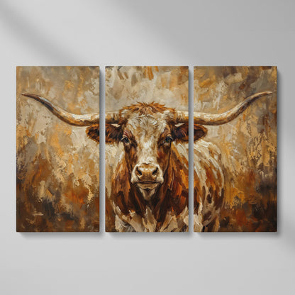 Texas Longhorn Bull Portrait Canvas Wall Art as 3-panel split version
