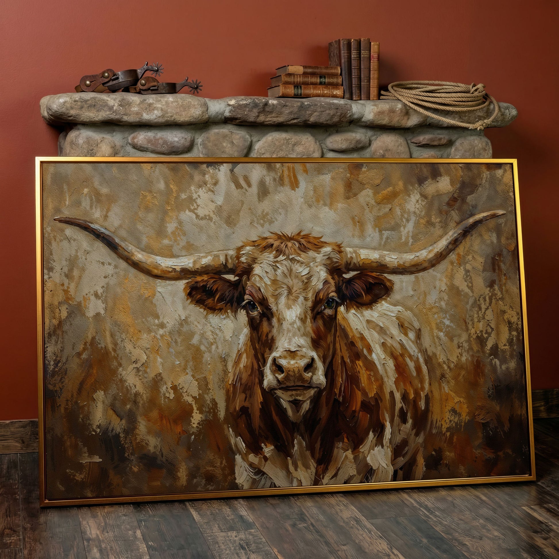 Texas Longhorn Bull Portrait Canvas Wall Art in antique gold floating frame