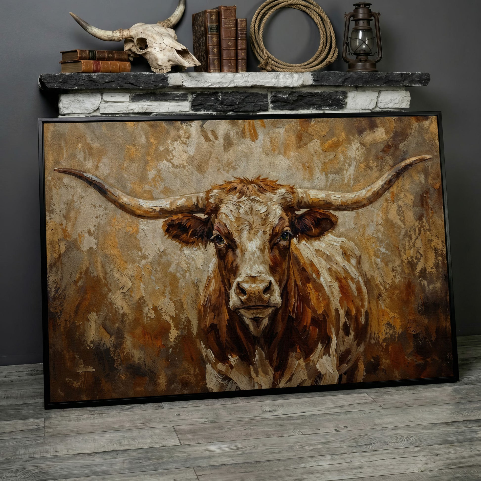 Texas Longhorn Bull Portrait Canvas Wall Art in black floating frame