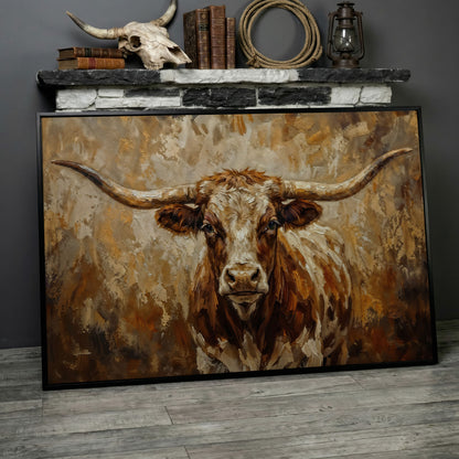 Texas Longhorn Bull Portrait Canvas Wall Art in black floating frame